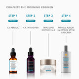 Skincare routine steps featuring SkinCeuticals C E Ferulic