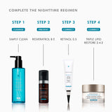Skincare routine steps featuring SkinCeuticals Resveratrol B E